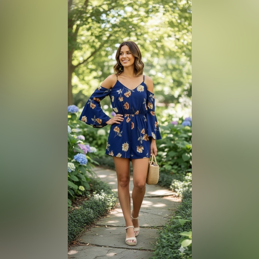 Charlotte Russe Cold Shoulder Long Bell Sleeve Romper Floral Blue Sz M